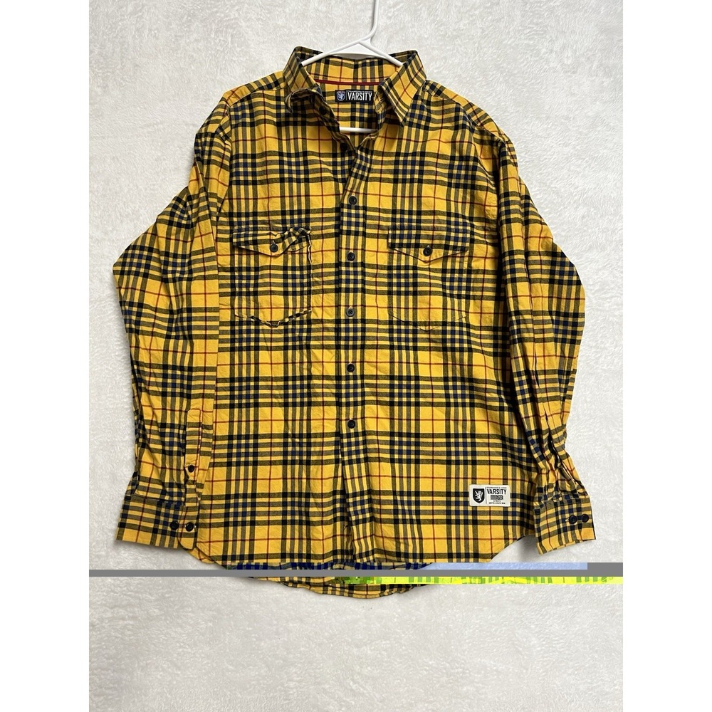 Rountree & Yorke Varsity Plaid Button Front Shirt Mens Large Yellow Cotton